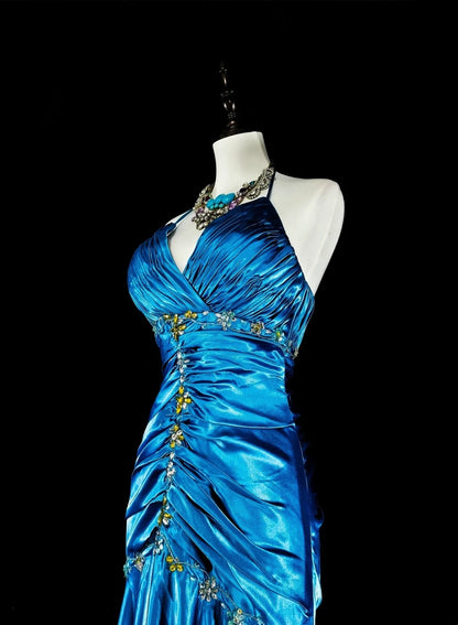 Vintage Meerjungfrau-Abschlussballkleid Neckholder Blau Satin mit Perlen Langes Abendkleid N2378