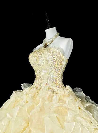 Robe de Bal Princesse Bustier Jaune Volants Étages Superposés Robes Sweet 16 Robe de Quinceañera N3418