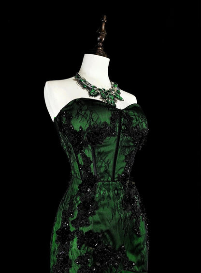 Robe de bal longue sirène modeste en tulle noir et satin vert ornée d'appliques, N1848