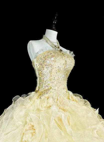 Robe de Bal Princesse Bustier Jaune Volants Étages Superposés Robes Sweet 16 Robe de Quinceañera N3418