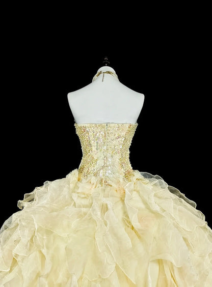 Robe de Bal Princesse Bustier Jaune Volants Étages Superposés Robes Sweet 16 Robe de Quinceañera N3418