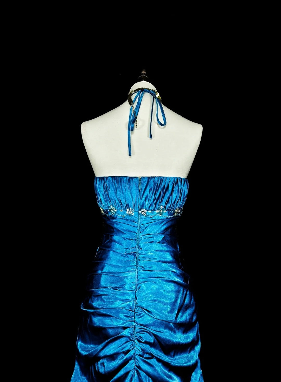 Vintage Meerjungfrau-Abschlussballkleid Neckholder Blau Satin mit Perlen Langes Abendkleid N2378