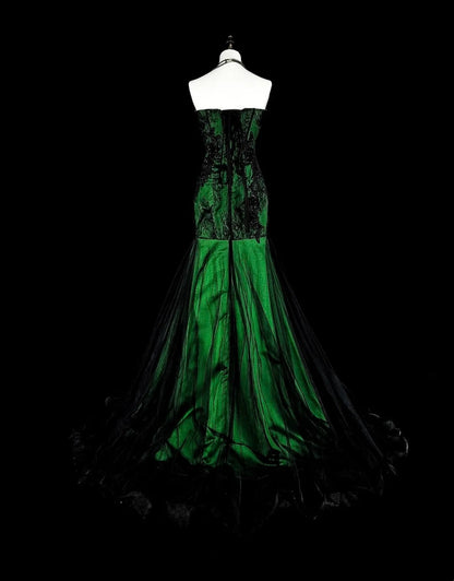 Robe de bal longue sirène modeste en tulle noir et satin vert ornée d'appliques, N1848