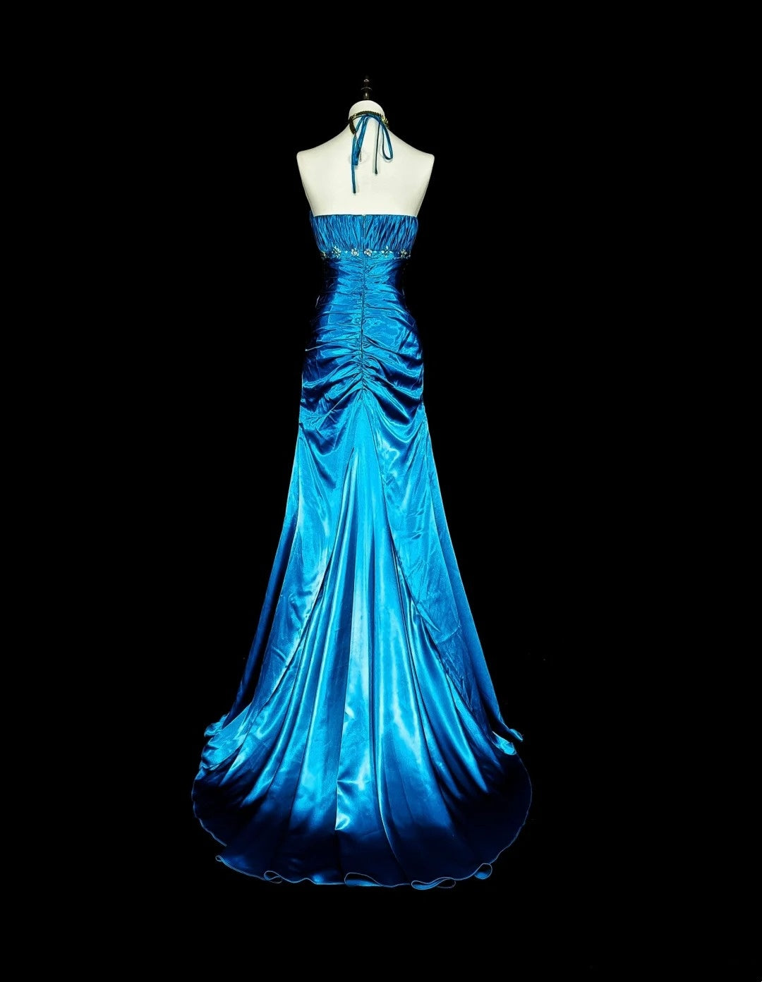 Vintage Meerjungfrau-Abschlussballkleid Neckholder Blau Satin mit Perlen Langes Abendkleid N2378