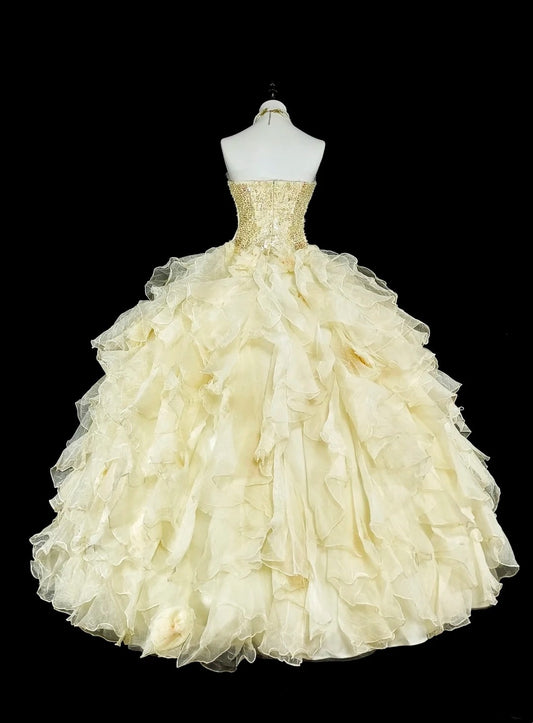 Prinzessin Ballkleid Trägerlos Gelb Rüschen Lagen Tüll Süße 16 Kleider Quinceanera Kleid N3418