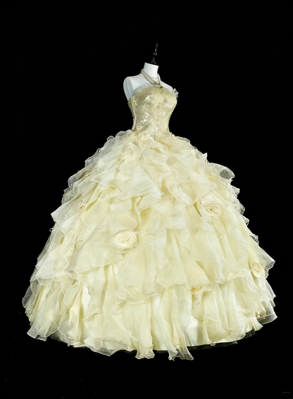 Robe de Bal Princesse Bustier Jaune Volants Étages Superposés Robes Sweet 16 Robe de Quinceañera N3418