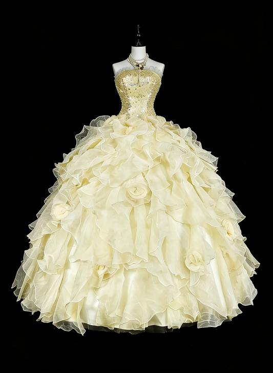 Prinzessin Ballkleid Trägerlos Gelb Rüschen Lagen Tüll Süße 16 Kleider Quinceanera Kleid N3418