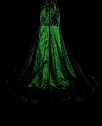 Robe de bal longue sirène modeste en tulle noir et satin vert ornée d'appliques, N1848