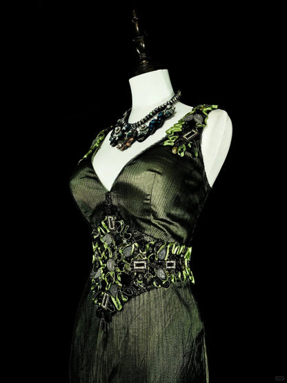 Vintage Abschlussballkleider Meerjungfrau V-Ausschnitt Olivgrün Schwarz Tüll mit Perlen 90er Lange Abendkleid N2716