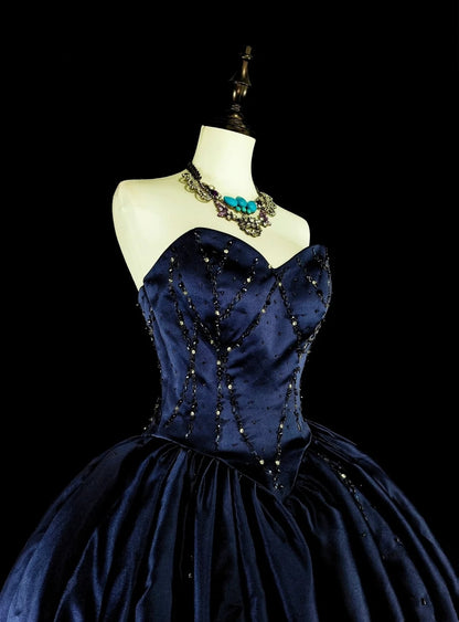 Robe de bal vintage bleu marine en tulle, décolleté cœur, style années 80, robe de soirée formelle, robe de bal longue N1755