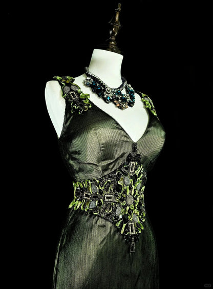 Vintage Abschlussballkleider Meerjungfrau V-Ausschnitt Olivgrün Schwarz Tüll mit Perlen 90er Lange Abendkleid N2716