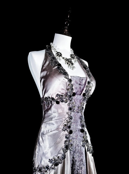 Vintage Prom Dresses Aesthetic Mermaid Halter Silver Grey Taffeta Classic Inspo Party Dress With Crystals Gem N2000
