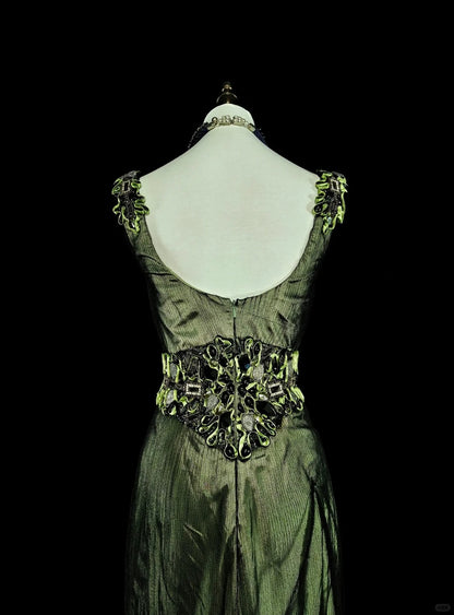 Vintage Abschlussballkleider Meerjungfrau V-Ausschnitt Olivgrün Schwarz Tüll mit Perlen 90er Lange Abendkleid N2716