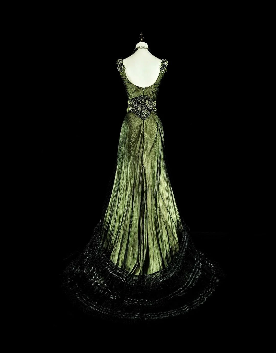 Vintage Abschlussballkleider Meerjungfrau V-Ausschnitt Olivgrün Schwarz Tüll mit Perlen 90er Lange Abendkleid N2716