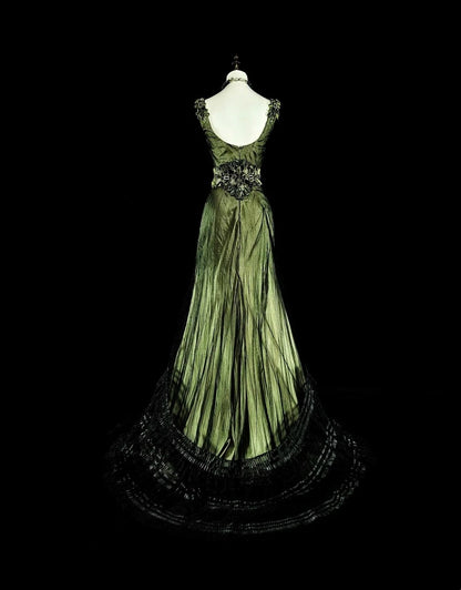 Vintage Abschlussballkleider Meerjungfrau V-Ausschnitt Olivgrün Schwarz Tüll mit Perlen 90er Lange Abendkleid N2716