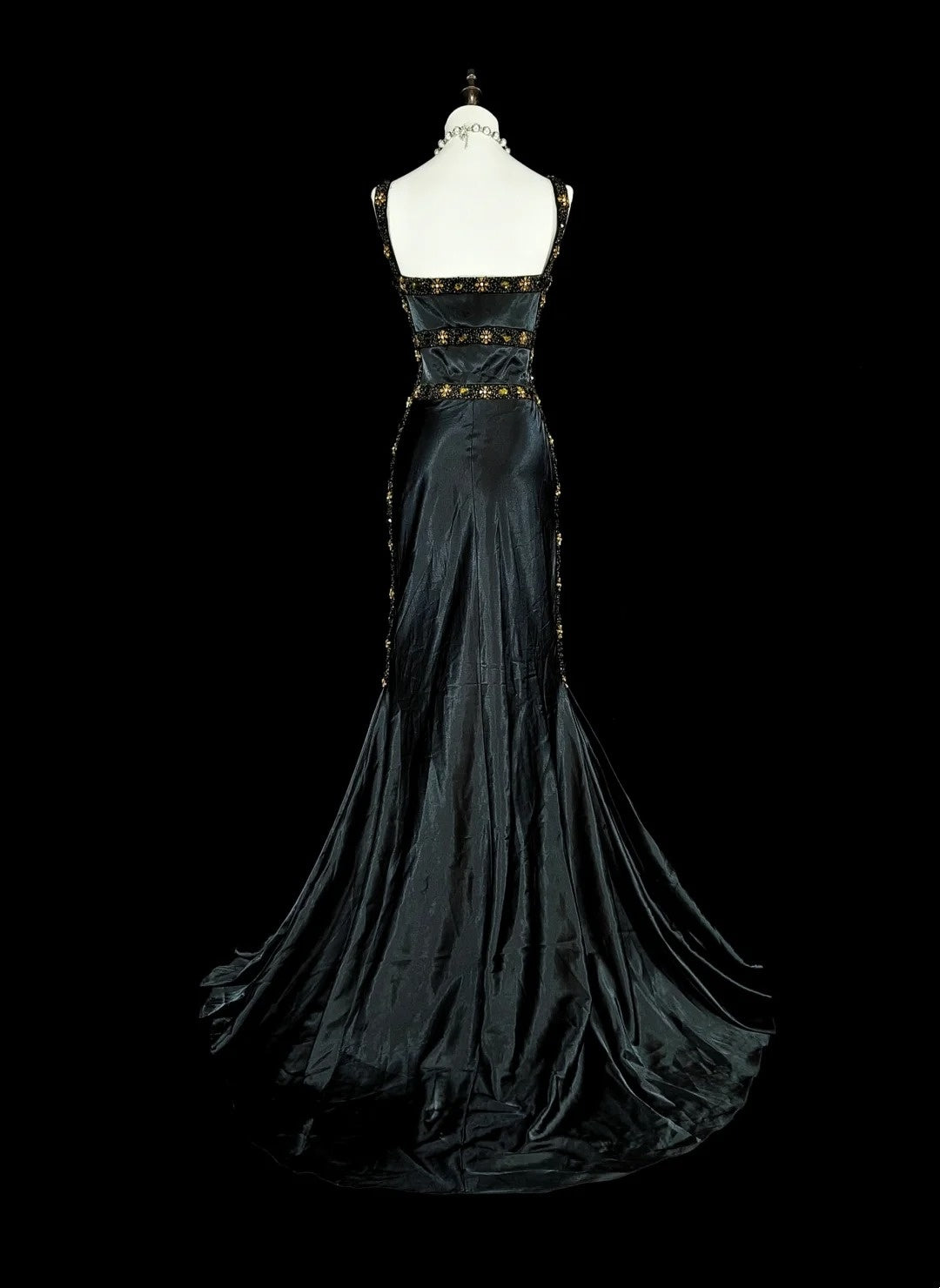 Vintage Meerjungfrauen-Abendkleid aus den 1960er Jahren, schwarz, ärmellos, mit herzförmigem Ausschnitt, Trägern, N1591