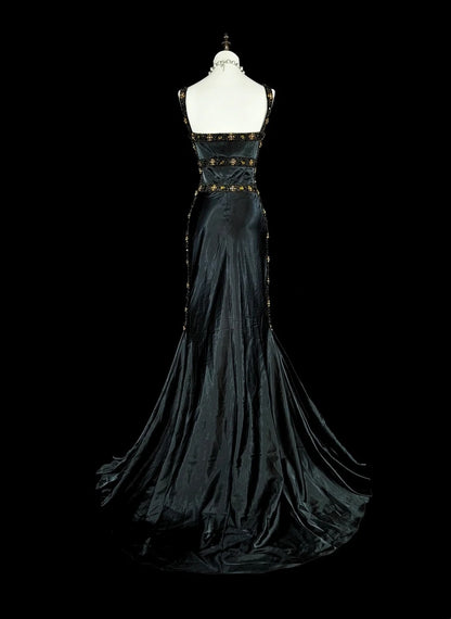 Vintage Meerjungfrauen-Abendkleid aus den 1960er Jahren, schwarz, ärmellos, mit herzförmigem Ausschnitt, Trägern, N1591