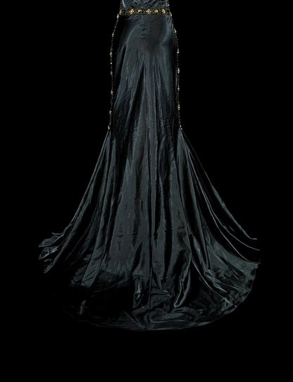 Vintage Meerjungfrauen-Abendkleid aus den 1960er Jahren, schwarz, ärmellos, mit herzförmigem Ausschnitt, Trägern, N1591