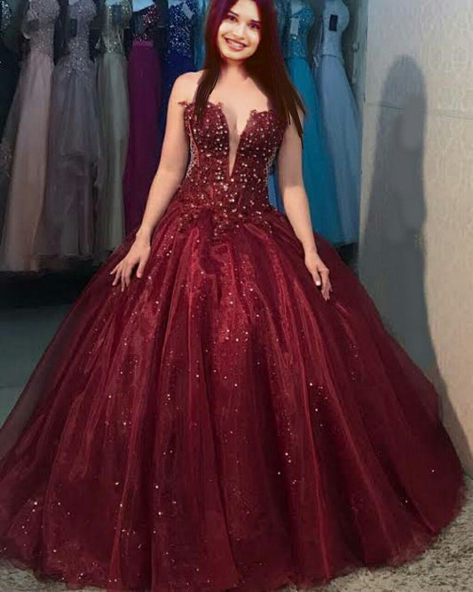 Robe de bal chic pour femme, sans bretelles, en tulle bordeaux, longue, pour soirée dansante ou formelle AB1782