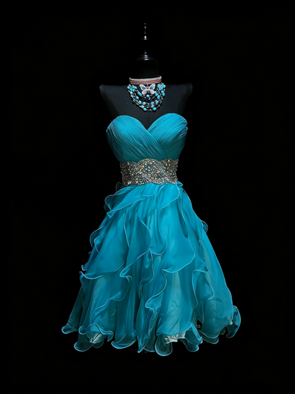 Robe de bal mignonne à décolleté cœur bleu à volants, courte, tenue de bal de fin d'année, robe de cocktail pour le collège, N1194