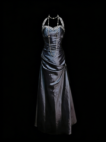 Robe de soirée sirène longue en satin gris avec col en V et dos nu, style rétro des années 60, pour bal de promo, modèle N2138