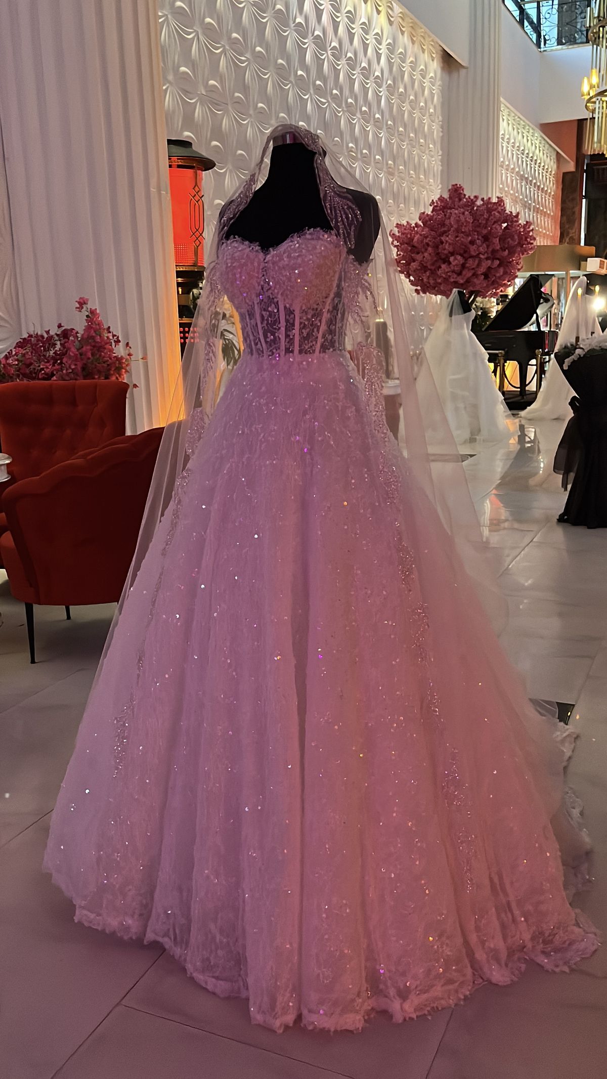 Robe de bal modeste à décolleté cœur, sequins roses, dentelle et perles, robe de soirée AB1096