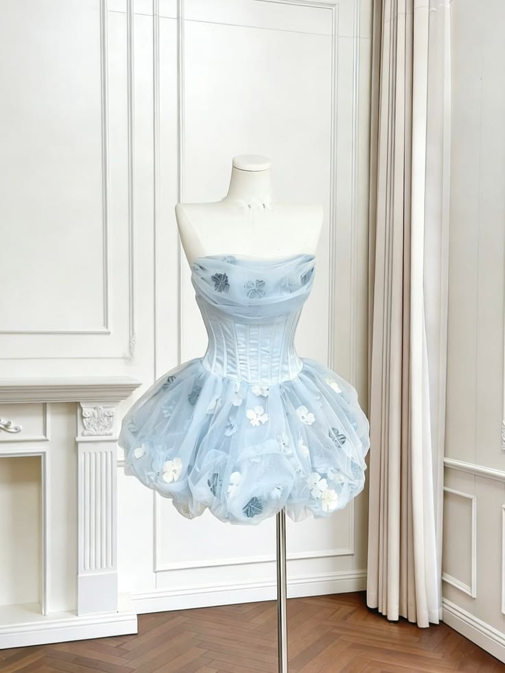 Cute Ball Gown Strapless Blue Tulle Short With Flowers Homecoming Dress Inspo Ideas Mini Party Dresses RB6881