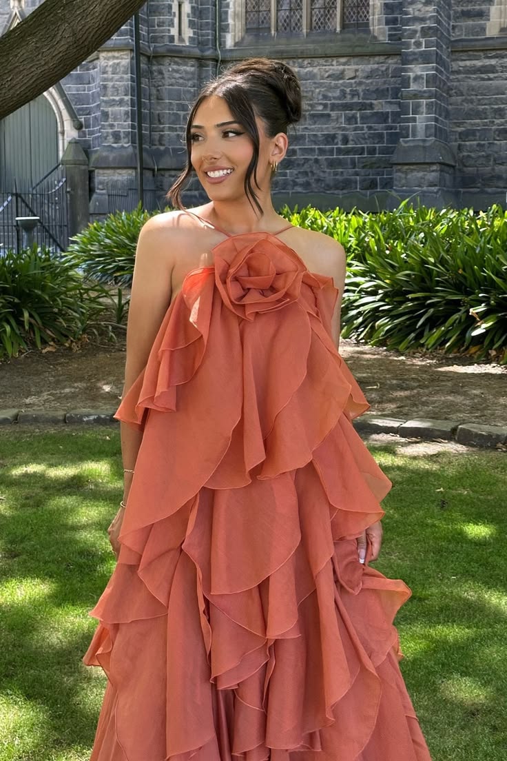 Robe longue de plage à volants pour femme avec fleurs 3D, dos nu, sans manches, coupe slim, maxi, trapèze, pour bal de promo N2352