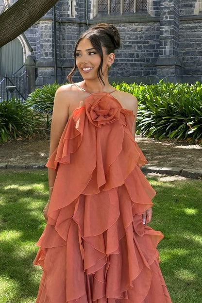 Robe longue de plage à volants pour femme avec fleurs 3D, dos nu, sans manches, coupe slim, maxi, trapèze, pour bal de promo N2352