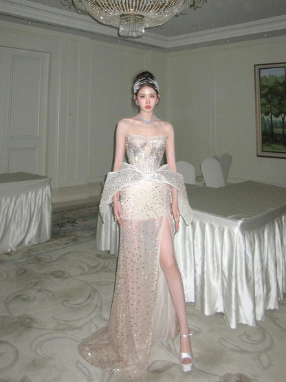 Robe de bal sirène scintillante à décolleté cœur et fente couleur champagne, tenue de soirée longue et esthétique pour la remise des diplômes N079