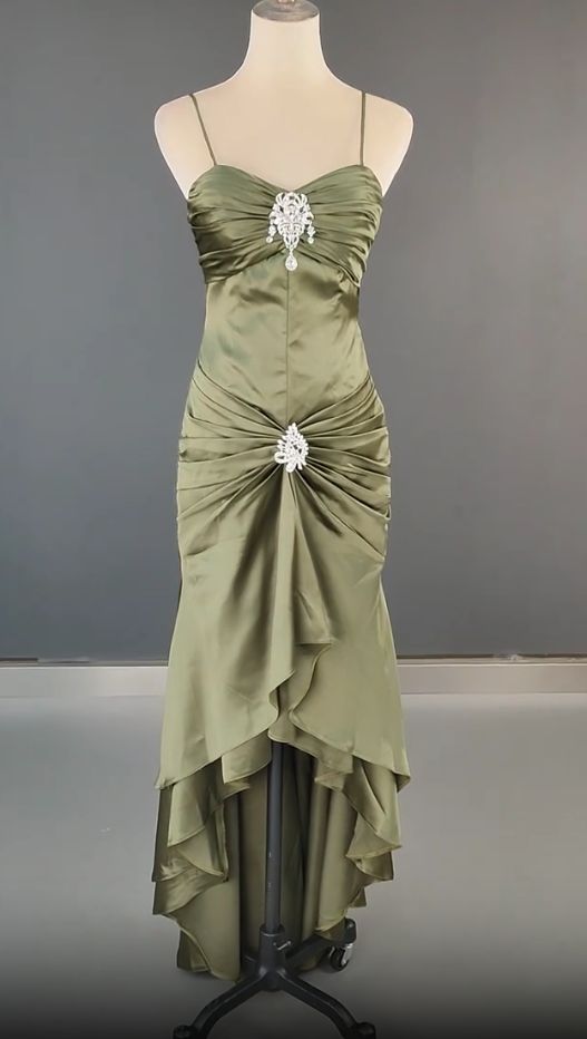 Robe de bal longue sirène élégante à fines bretelles en satin vert foncé, robe de soirée somptueuse N1782