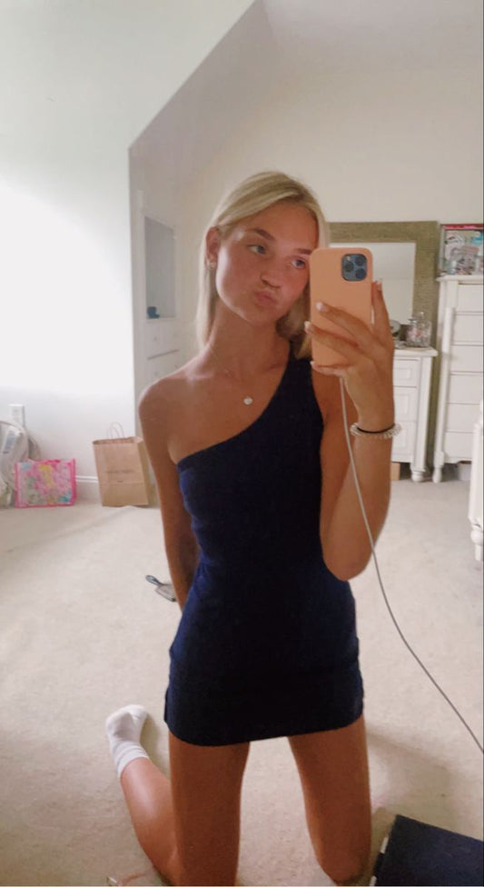 Pretty Sheath One Shoulder Navy Blue Mini Dress Homecoming Dresses University Ideas Inspo Short Hoco Court Gowns RB7243