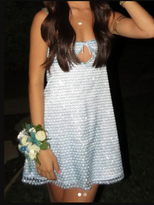 Pretty A Line Spaghetti Strap Blue Sequin Mini Dress Homecoming Dresses University Ideas Inspo Short Hoco Court Gowns RB7253