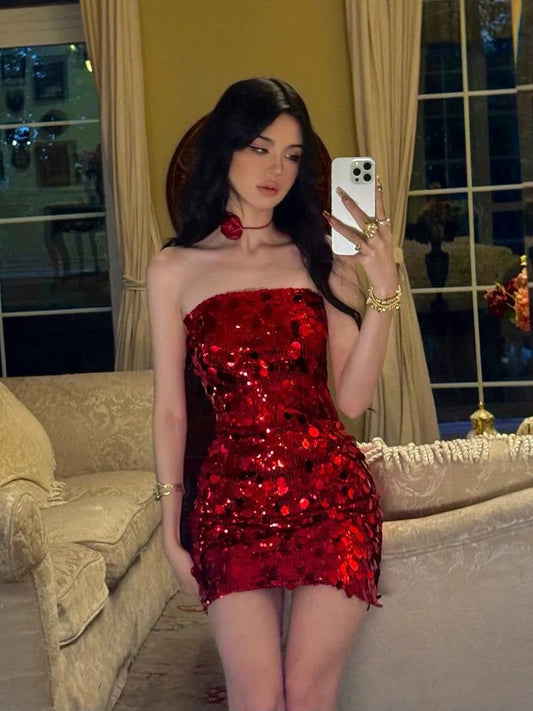 Sparkly Sheath Tight Strapless Burgundy Sequin Mini Graduation Dresses Short Inspo Senior Homecoming Outfits RB3507