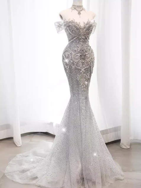 Sexy Mermaid Off The Shoulder Silver Sequined With Beading Date Night Birthday Outfit Formal Prom Dresses RB5679