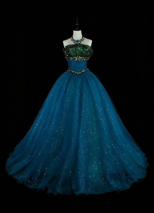 Vintage Ball Gown Strapless Blue Tulle Sweet 16 Dresses Quinceanera Dress Long 15 Vestidos De Fiesta N1478