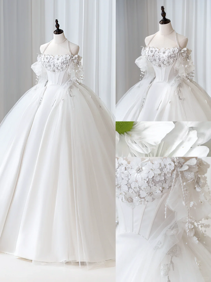 Zeitloses weißes Brautkleid für Damen mit langen Ärmeln, Spitzenapplikationen, schulterfreiem Schnitt, Ballkleid AB912