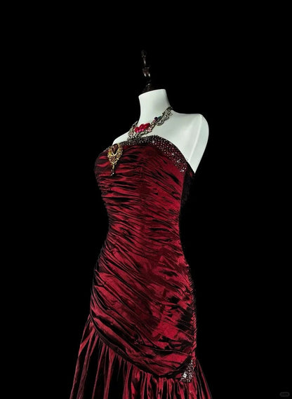 Robes de bal vintage sirène bustier bordeaux foncé satinées avec perles années 80 longue robe de soirée N2708