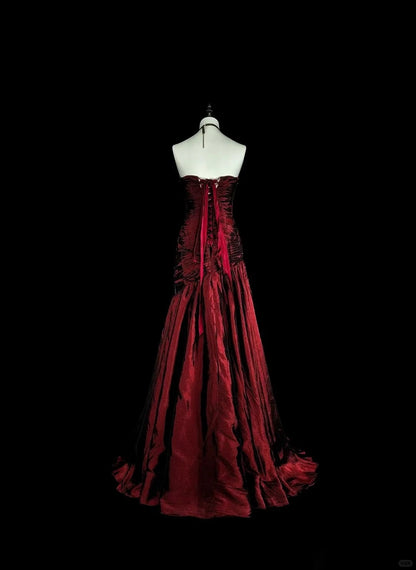Robes de bal vintage sirène bustier bordeaux foncé satinées avec perles années 80 longue robe de soirée N2708