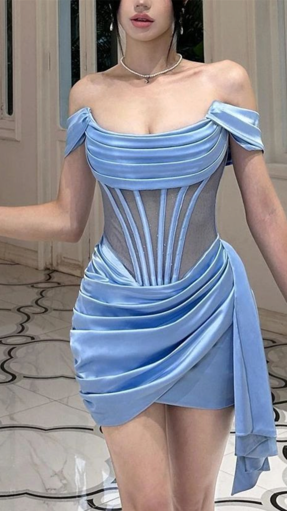 Simple Hoco Dress Off The Shoulder Blue Satin Tight Bodycon Short Homecoming Party Dress RB9282