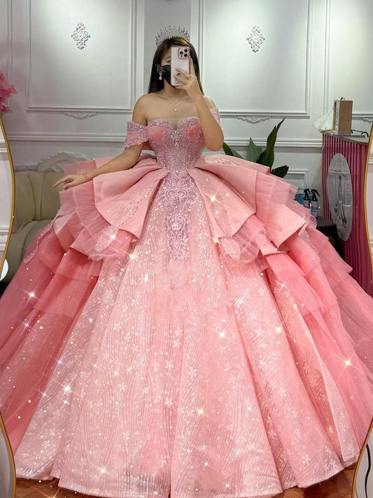 Pink Ball Gown | Elegant Luxury Dress & Chic Fashion Off The Shoulder Quince Dress Quinceanera Dresses Birthday Outfits RB8226