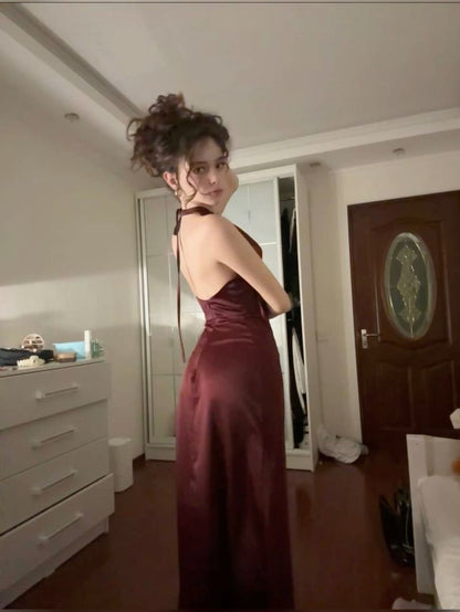 Elegant Halter Burgundy Satin Prom Dress Fashion Aesthetic For Teens Formal Dresses Party Outfits Prom Gown AB1139
