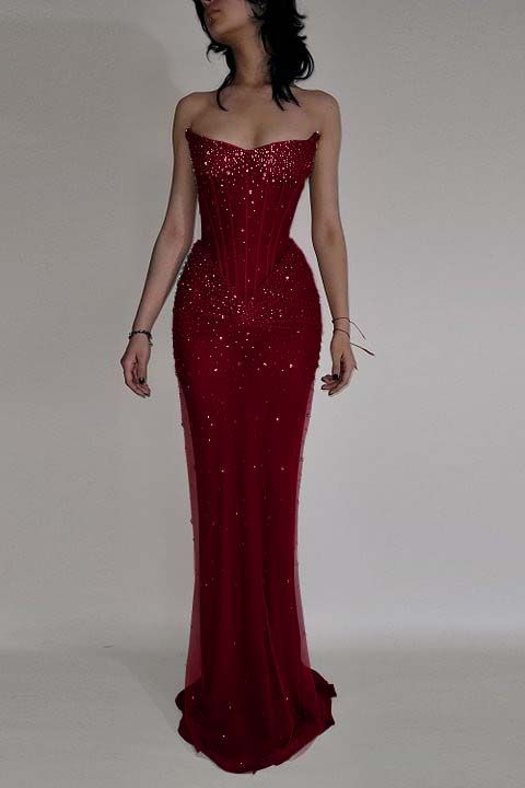 Elegantes, trägerloses Meerjungfrauen-Abendkleid in Weinrot mit Pailletten und Perlen, perfekt für festliche Anlässe und den 17. Geburtstag (AB804)