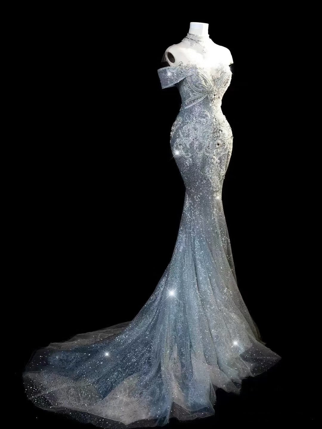 Princess Long Wedding Gowns Mermaid Off The Shoulder White Sequins For Bride With Sleeves Train Bridal Dresses AB2188