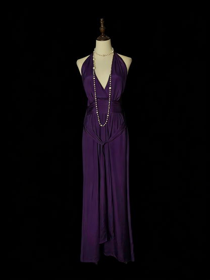 Robe de bal longue violette style années 80, coupe trapèze, col en V, pour lycéennes (N1330)