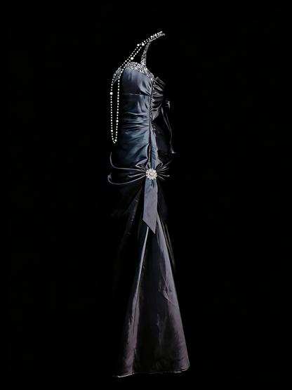 Robe de bal longue de soirée vintage sirène dos nu sans manches, style années 90, ornée de perles, référence N1386