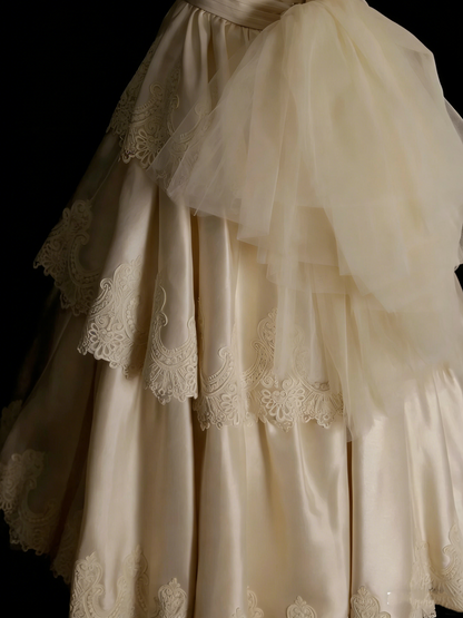 Robe de bal vintage années 70, bustier, couleur champagne, ornée d'appliqués en dentelle, robe de mariée féerique N1318