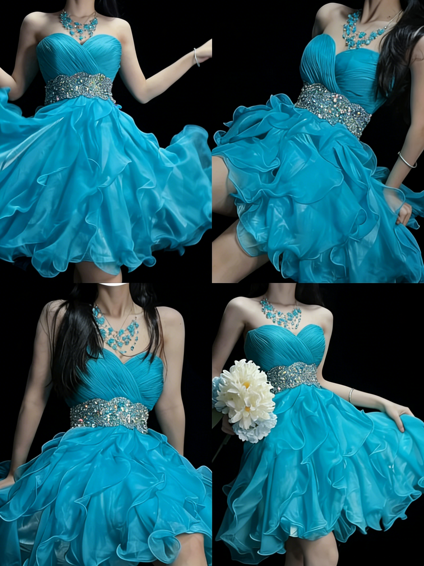 Robe de bal mignonne à décolleté cœur bleu à volants, courte, tenue de bal de fin d'année, robe de cocktail pour le collège, N1194