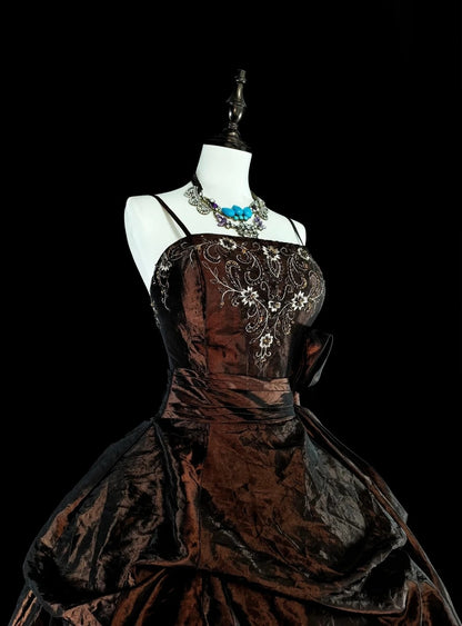 Vintage Ballkleid aus den 1780er Jahren, ärmellos, mit Spaghettiträgern und Perlenstickerei, langes Abendkleid N1603