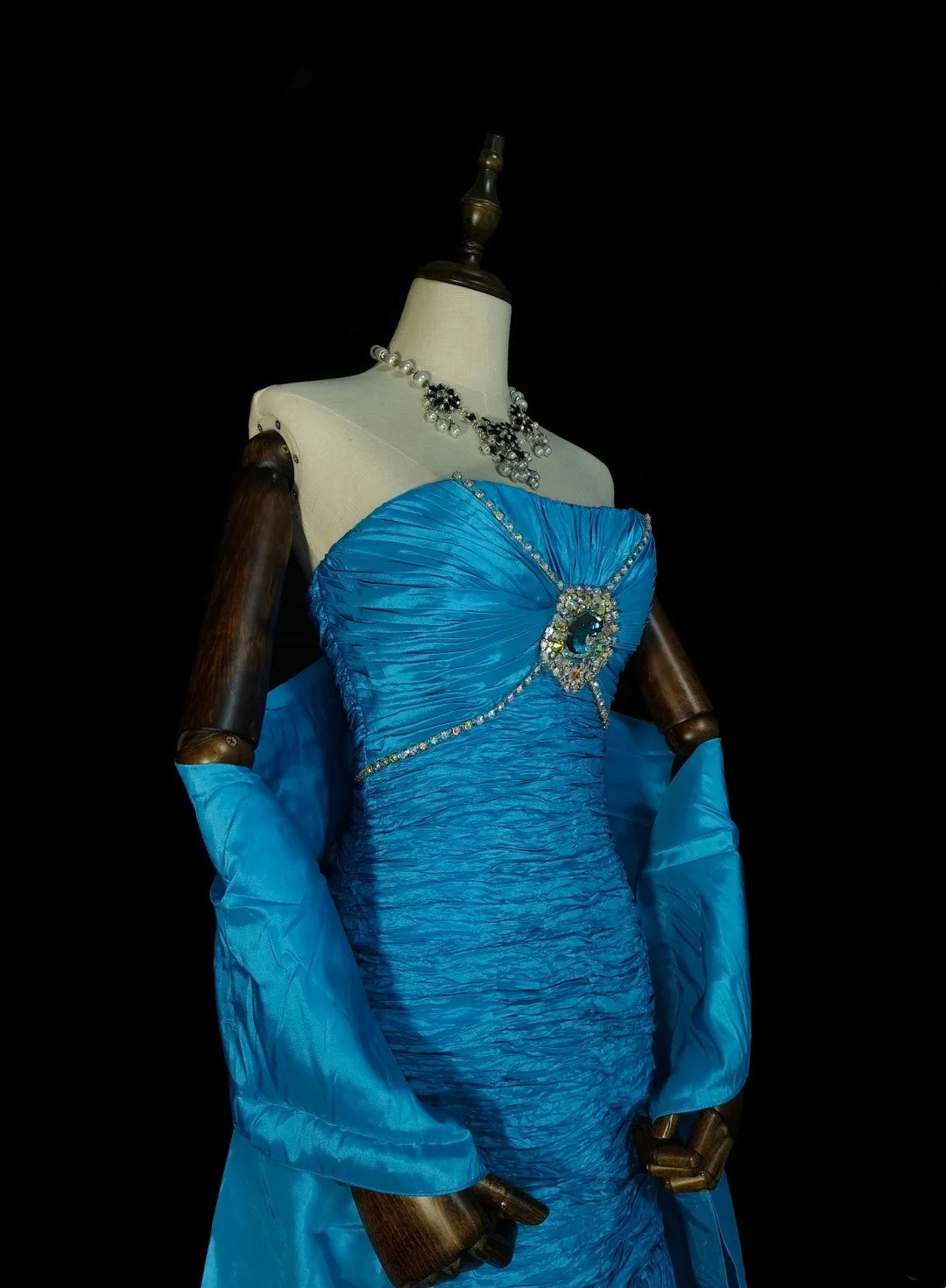 Robe de bal longue sirène vintage bleue sans bretelles à volants, style années 80, N1484